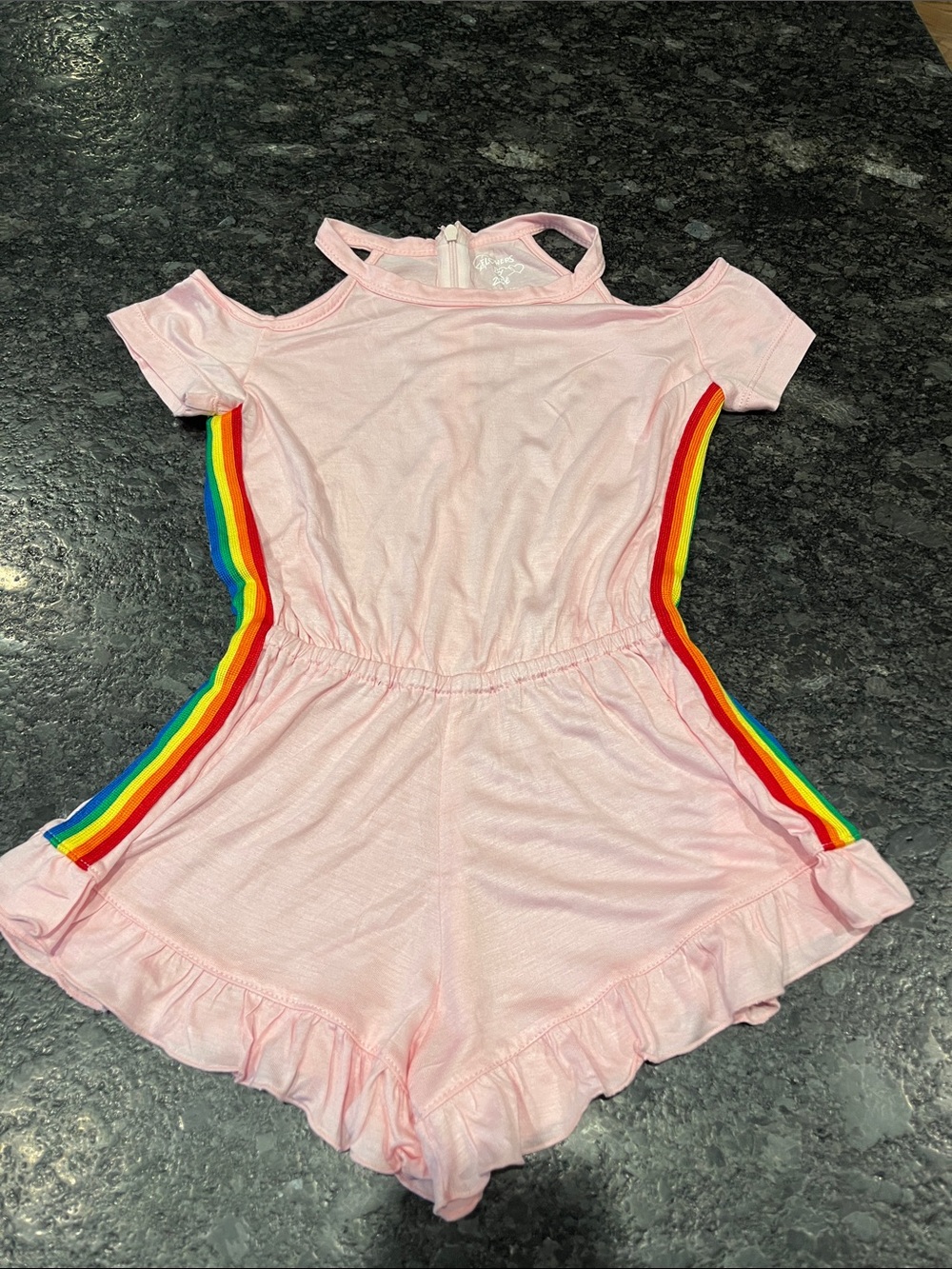Pink Short Romper with Rainbow Accents and Ruffles, Flowers by Zoe, Size 4T